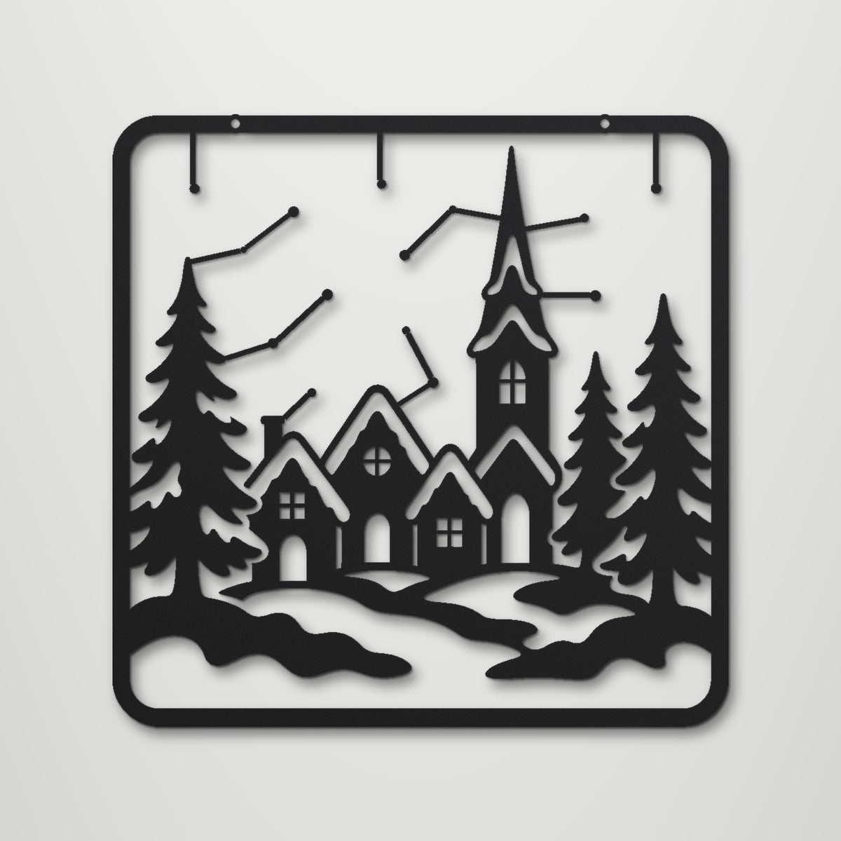 Winter Village laser cut steel wall art in matte black, front view