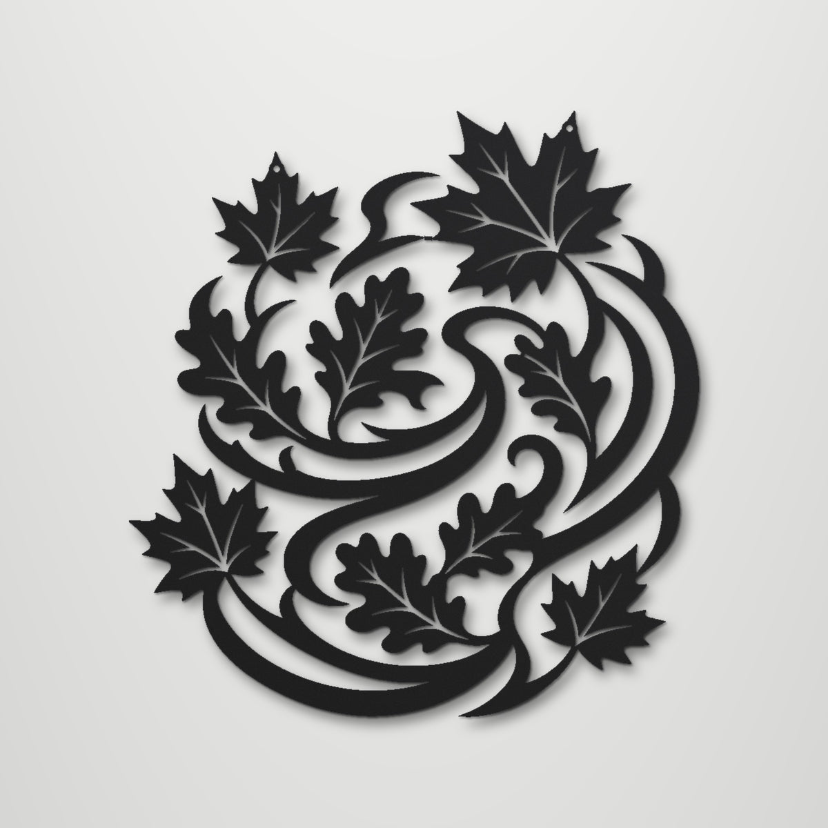 Autumn Leaves Swirl laser cut steel wall art in matte black, front view
