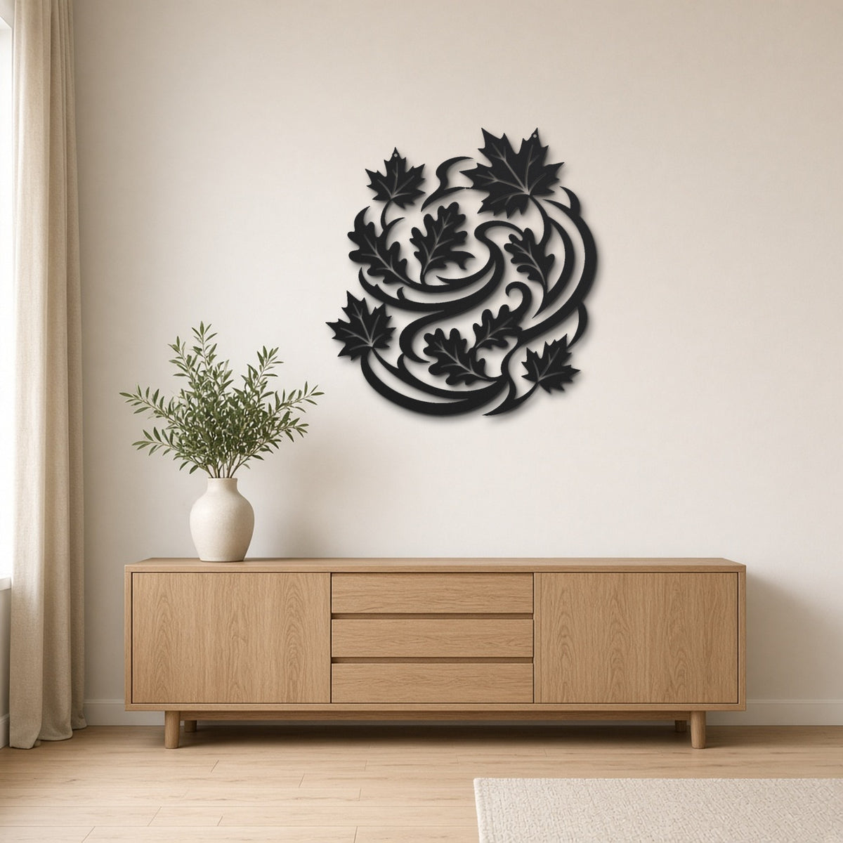 Autumn Leaves Swirl black metal wall art hanging on a Scandinavian living room wall