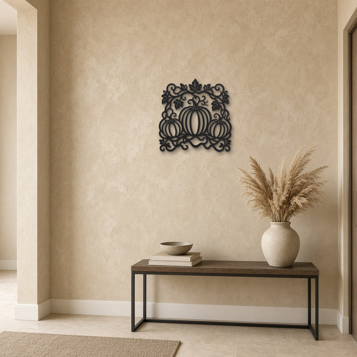 Pumpkin Harvest black metal wall art hanging on a hallway wall