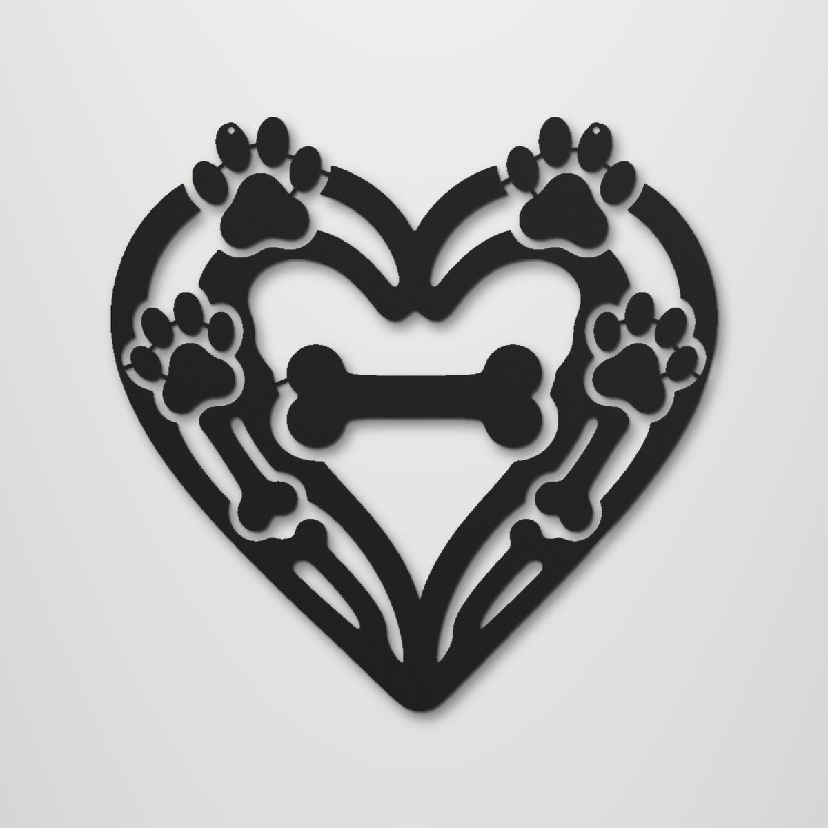 Dog Paw Heart laser cut steel wall art in matte black, front view
