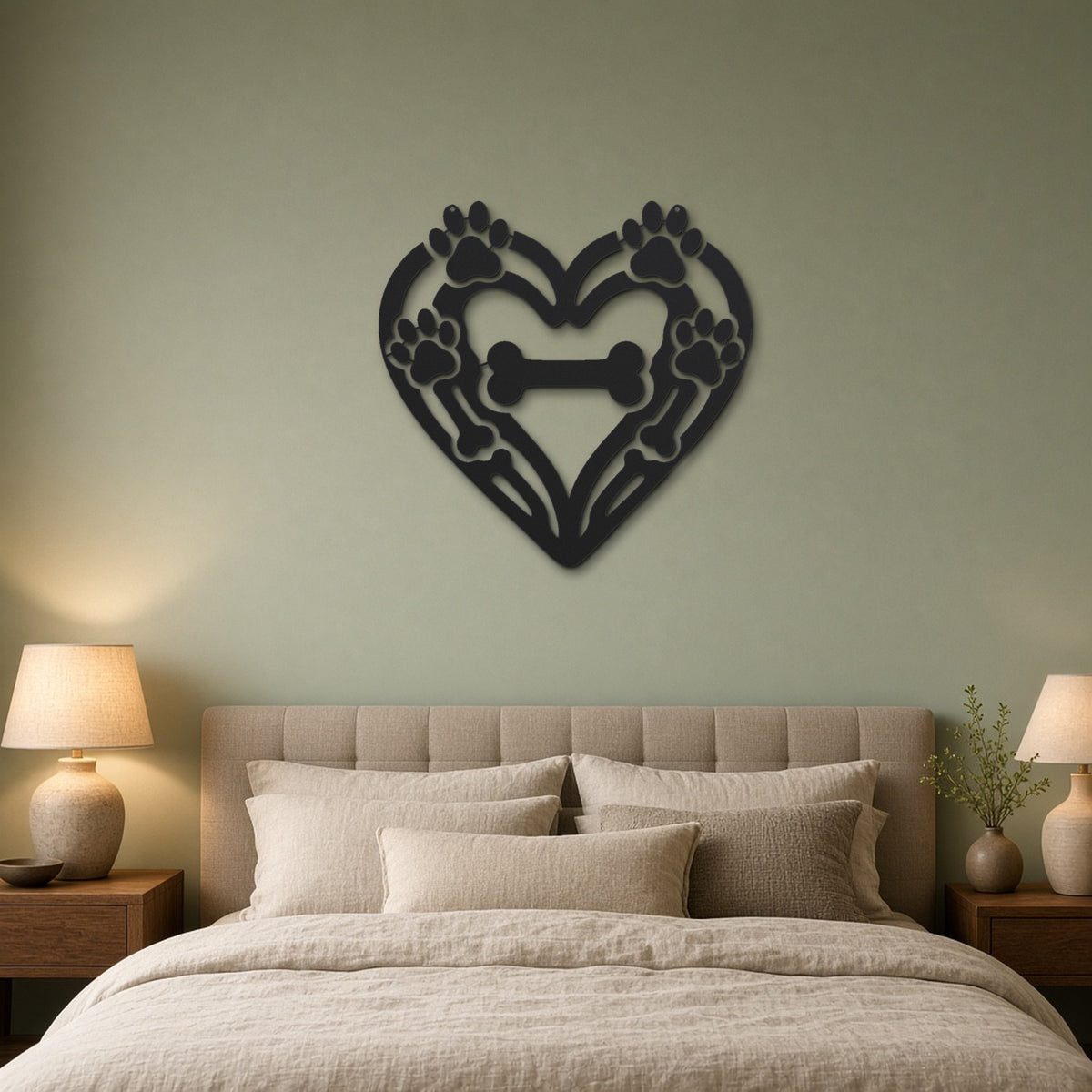 Dog Paw Heart black metal wall art hanging on a bedroom wall
