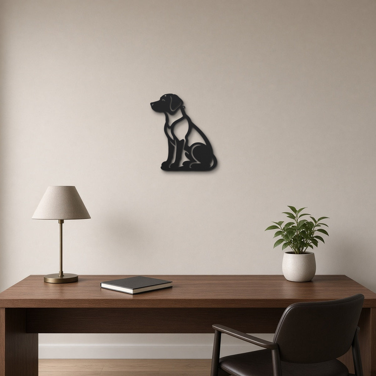 Sitting Labrador black metal wall art hanging on a home office wall