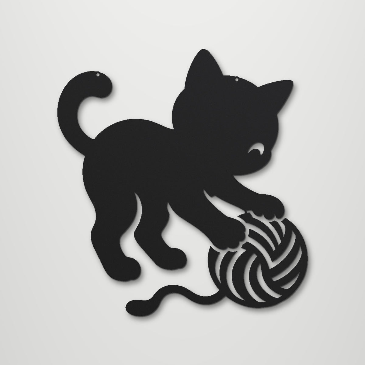 Cat Playing with Yarn laser cut steel wall art in matte black, front view