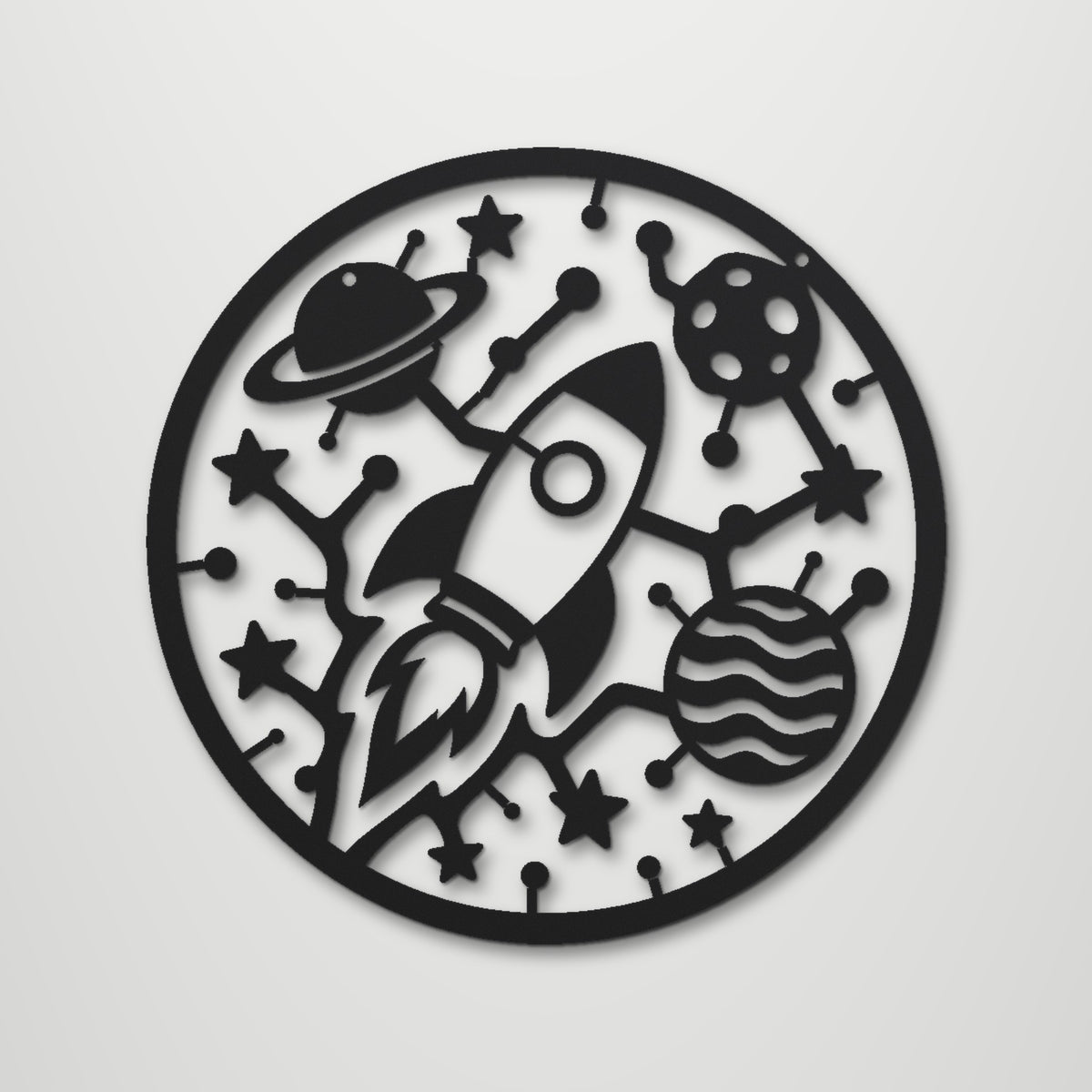 Rocket to the Stars laser cut steel wall art in matte black, front view