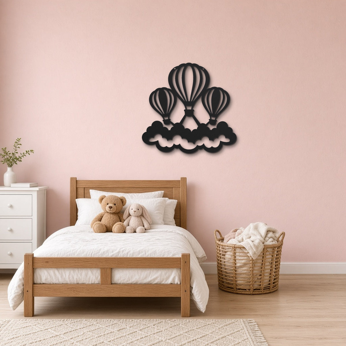 Hot Air Balloons black metal wall art hanging on a children's bedroom wall