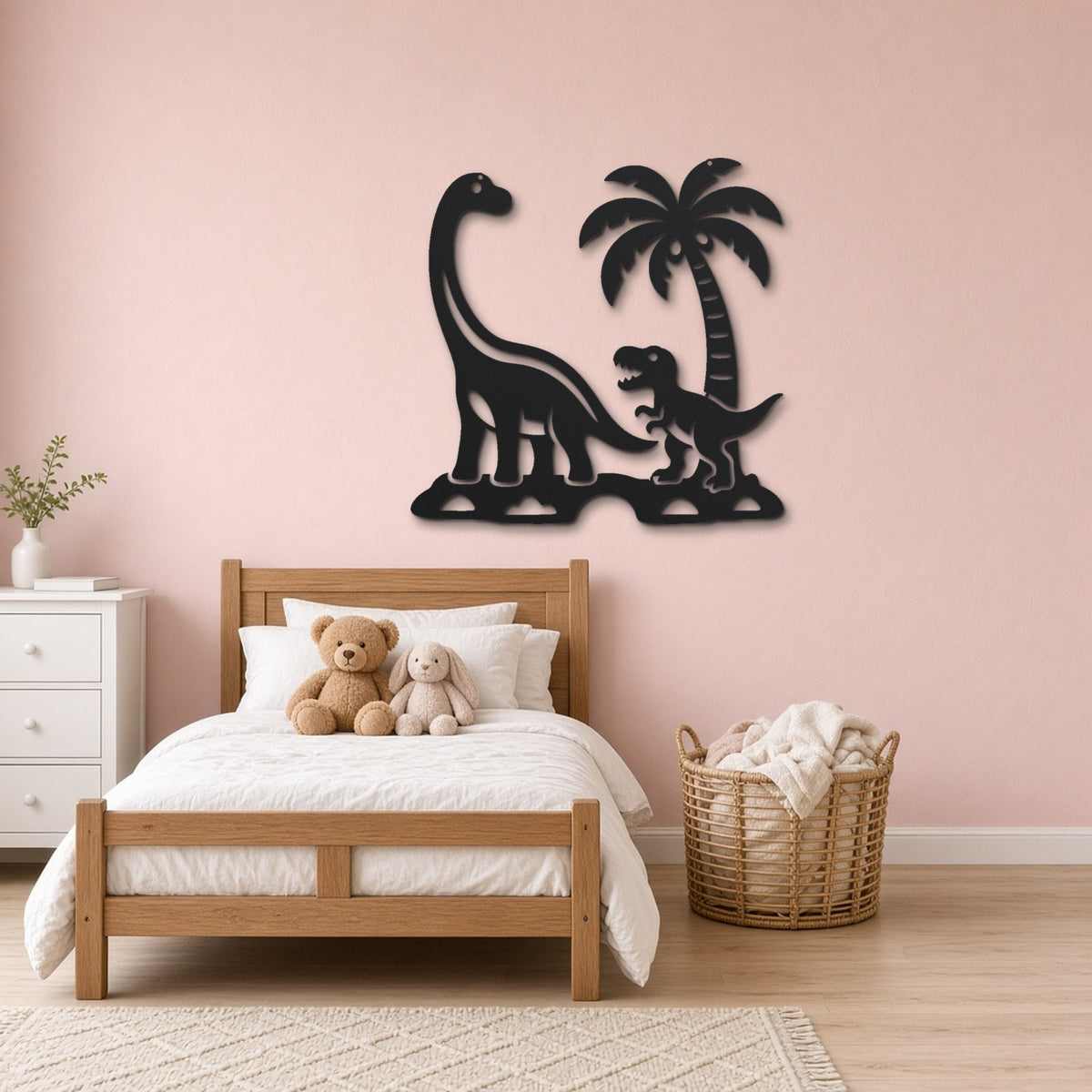 Dinosaur Friends black metal wall art hanging on a children's bedroom wall