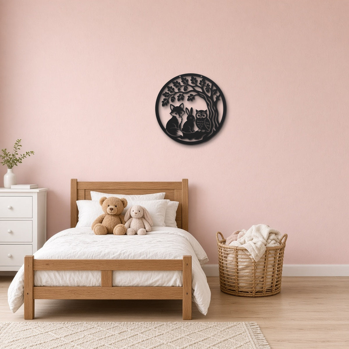 Woodland Animals black metal wall art hanging on a children's bedroom wall