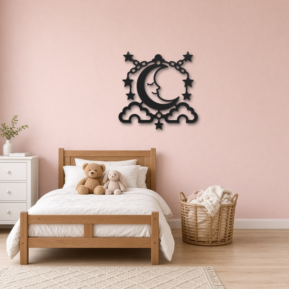 Sleepy Moon and Stars black metal wall art hanging on a children's bedroom wall