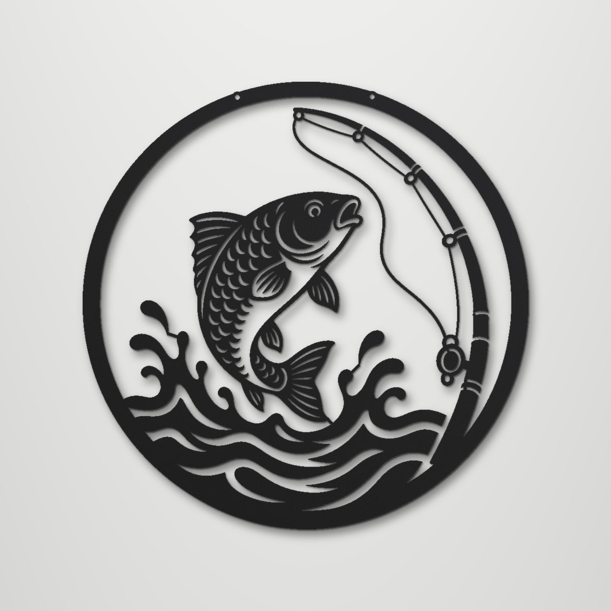 Carp Fishing laser cut steel wall art in matte black, front view