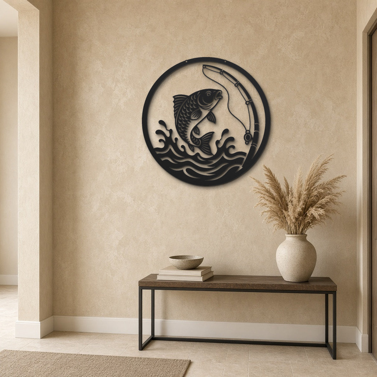 Carp Fishing black metal wall art hanging on a hallway wall