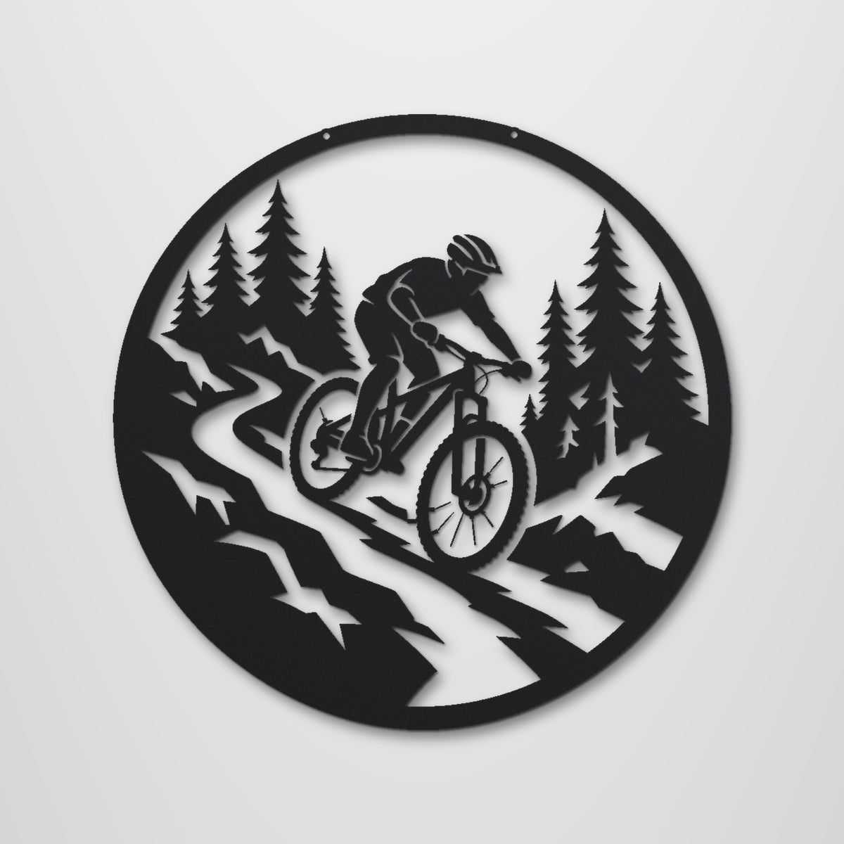 Mountain Biker laser cut steel wall art in matte black, front view