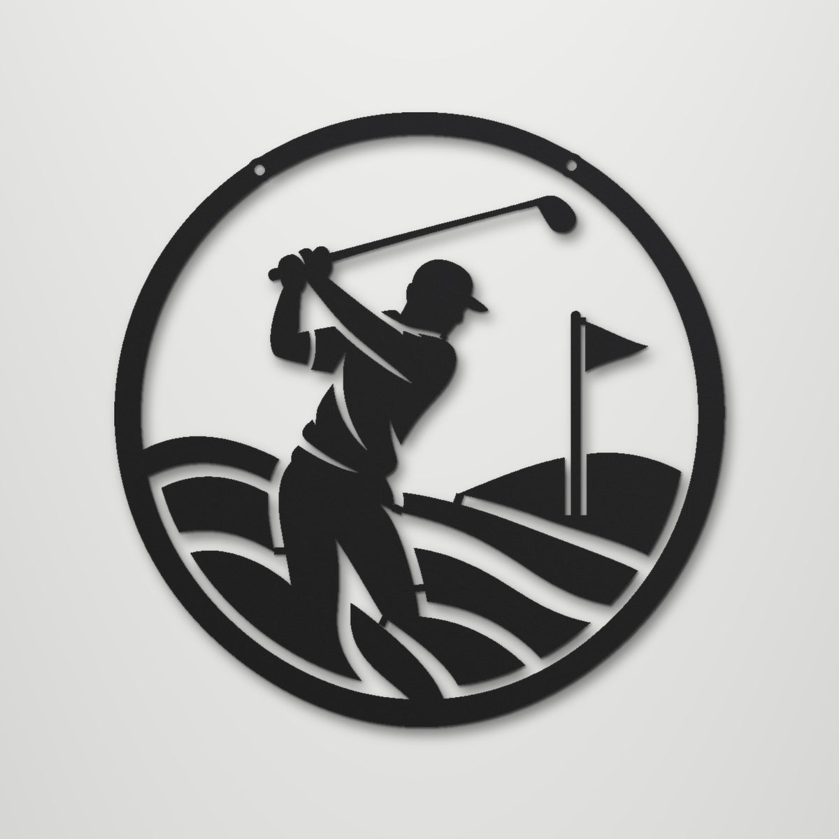 Golfer Swing laser cut steel wall art in matte black, front view
