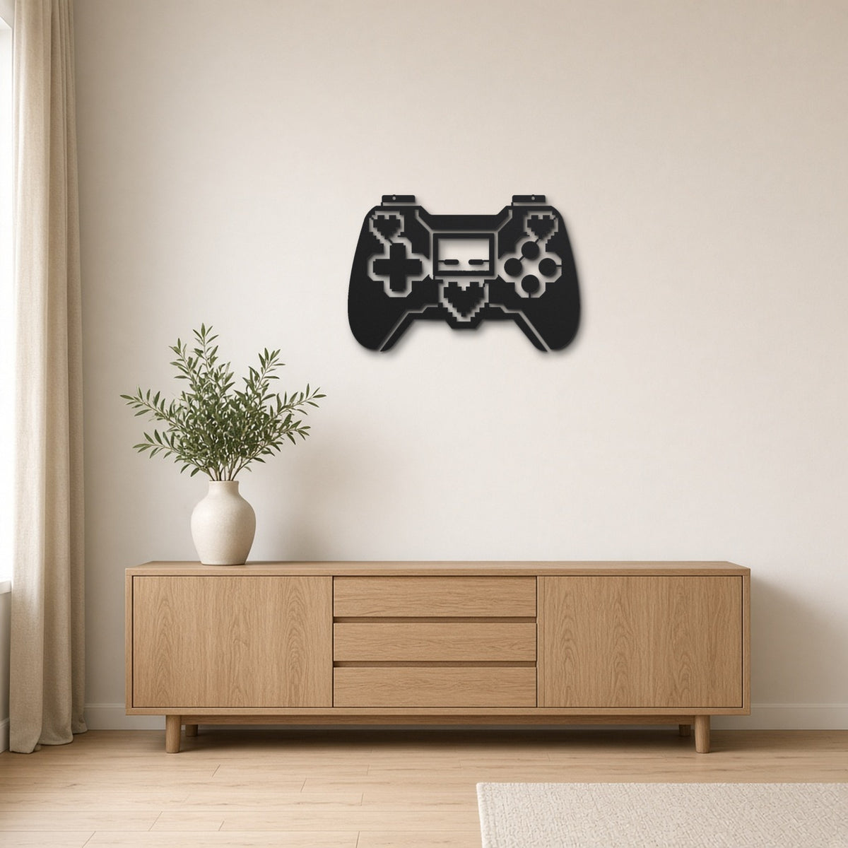 Retro Gamepad black metal wall art hanging on a Scandinavian living room wall