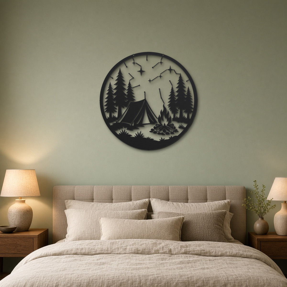 Camping Under the Stars black metal wall art hanging on a bedroom wall