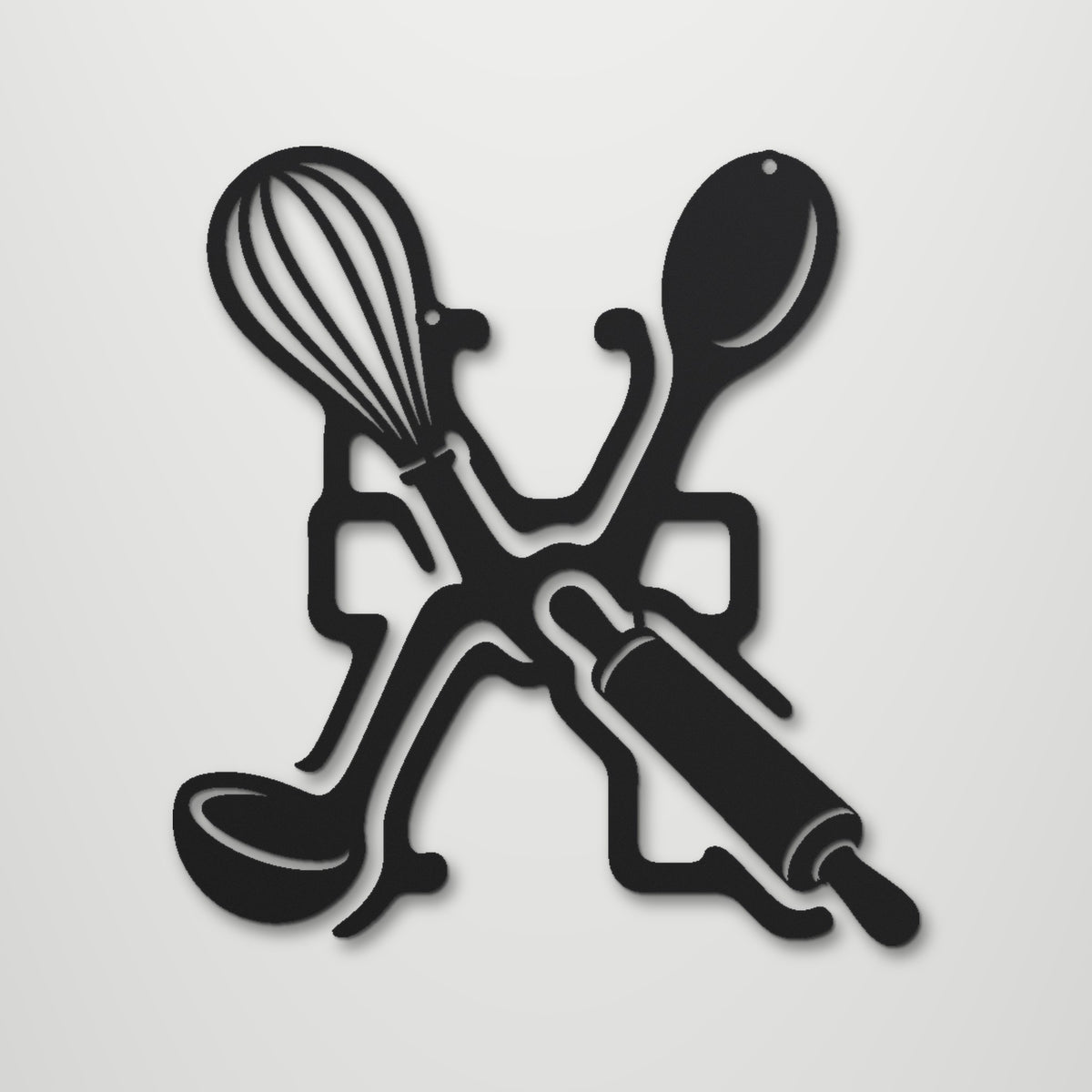 Kitchen Utensils laser cut steel wall art in matte black, front view