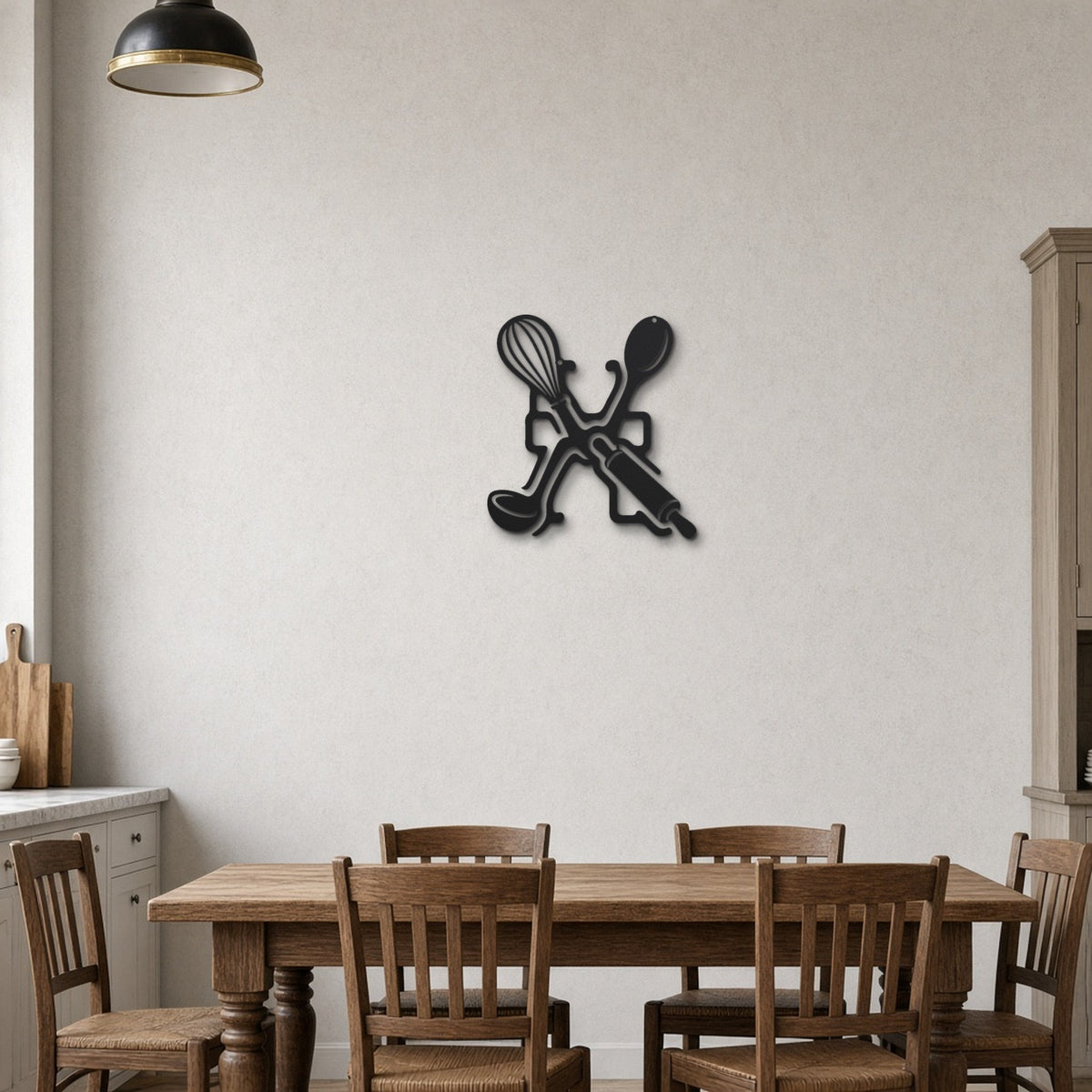 Kitchen Utensils black metal wall art hanging on a farmhouse kitchen wall