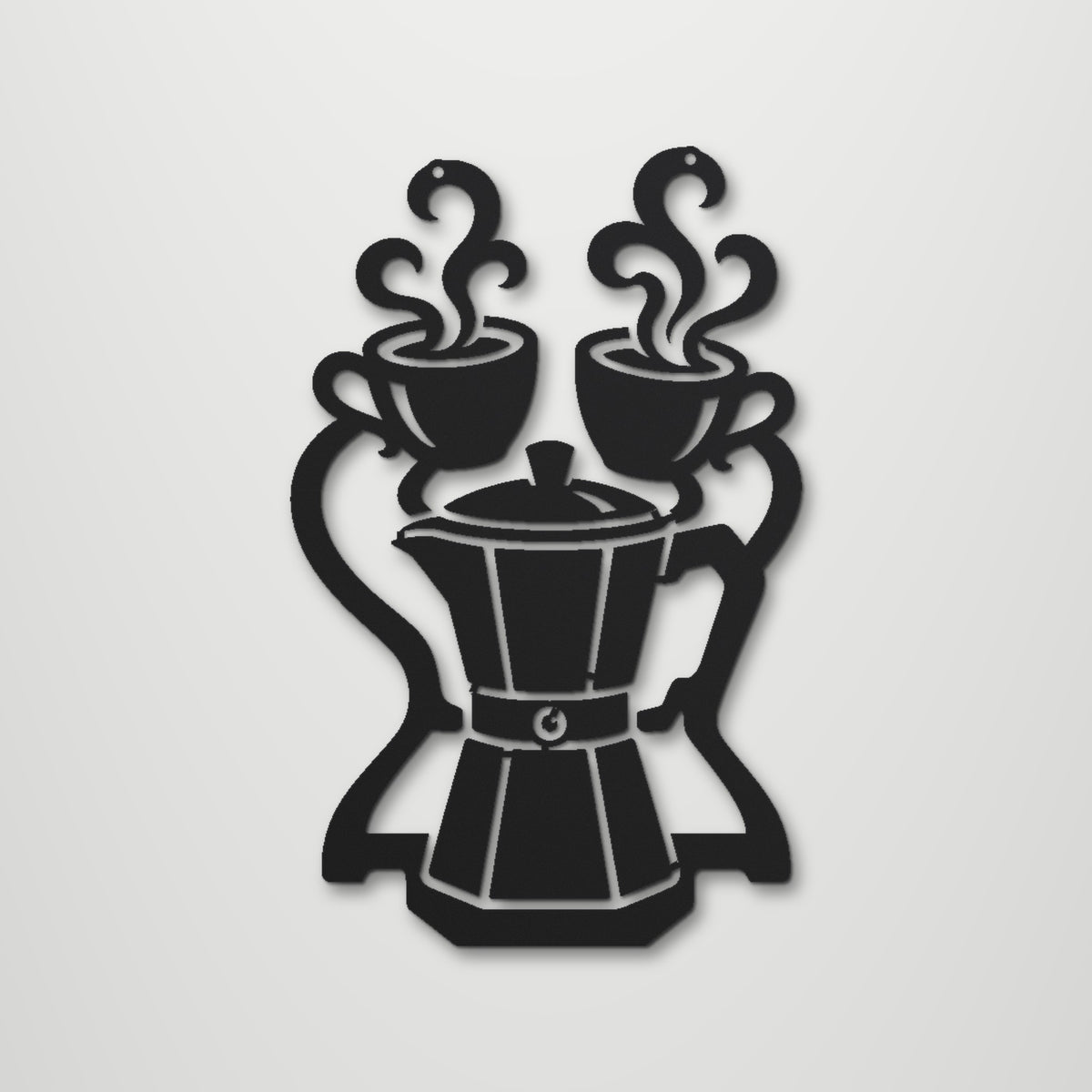 Coffee Pot and Cups laser cut steel wall art in matte black, front view