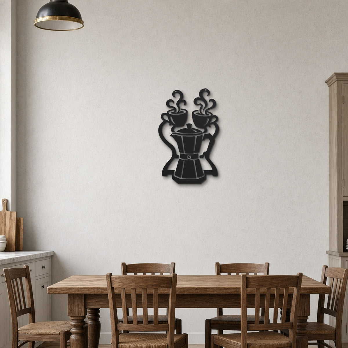 Coffee Pot and Cups black metal wall art hanging on a farmhouse kitchen wall