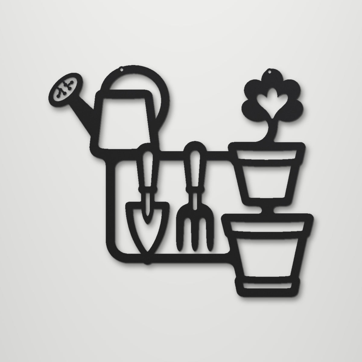 Garden Tools laser cut steel wall art in matte black, front view