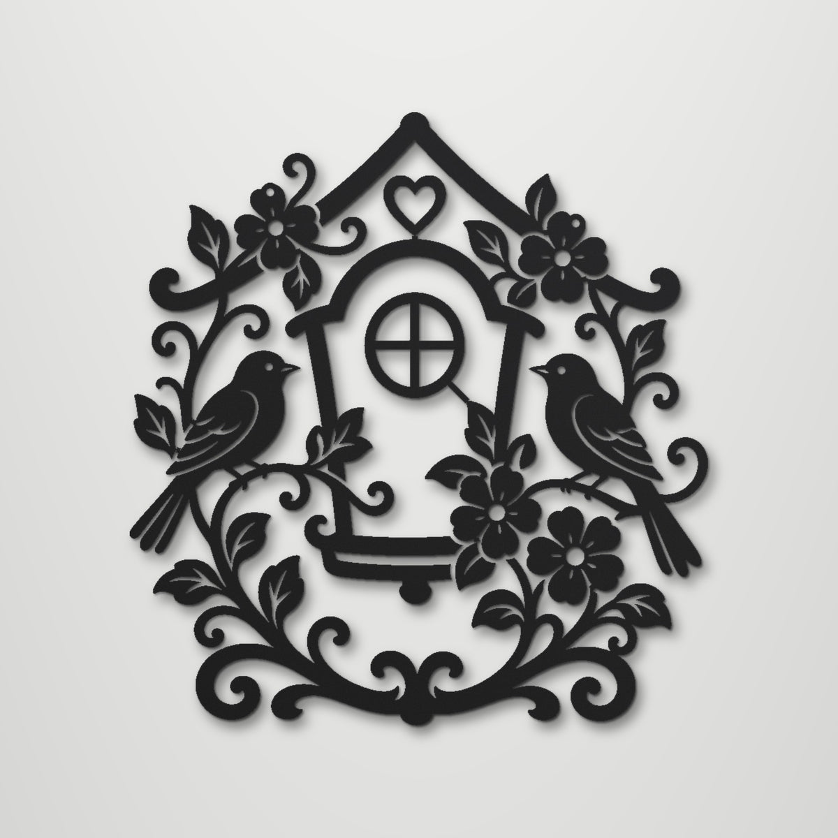 Birdhouse laser cut steel wall art in matte black, front view