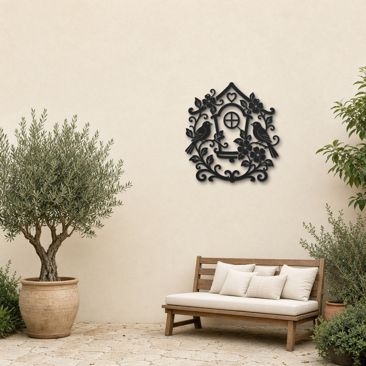 Birdhouse black metal wall art hanging on a garden patio wall