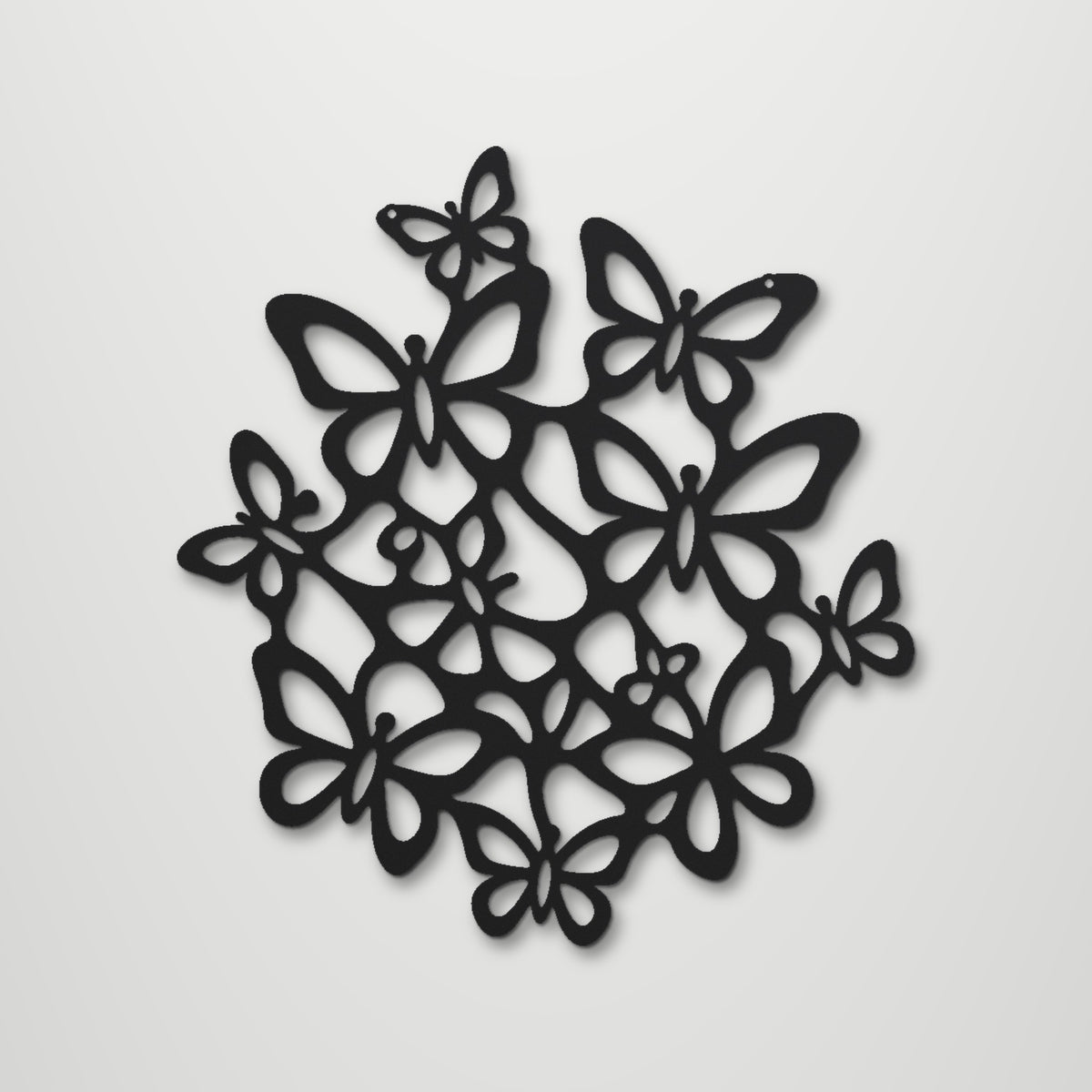 Butterfly Swarm laser cut steel wall art in matte black, front view