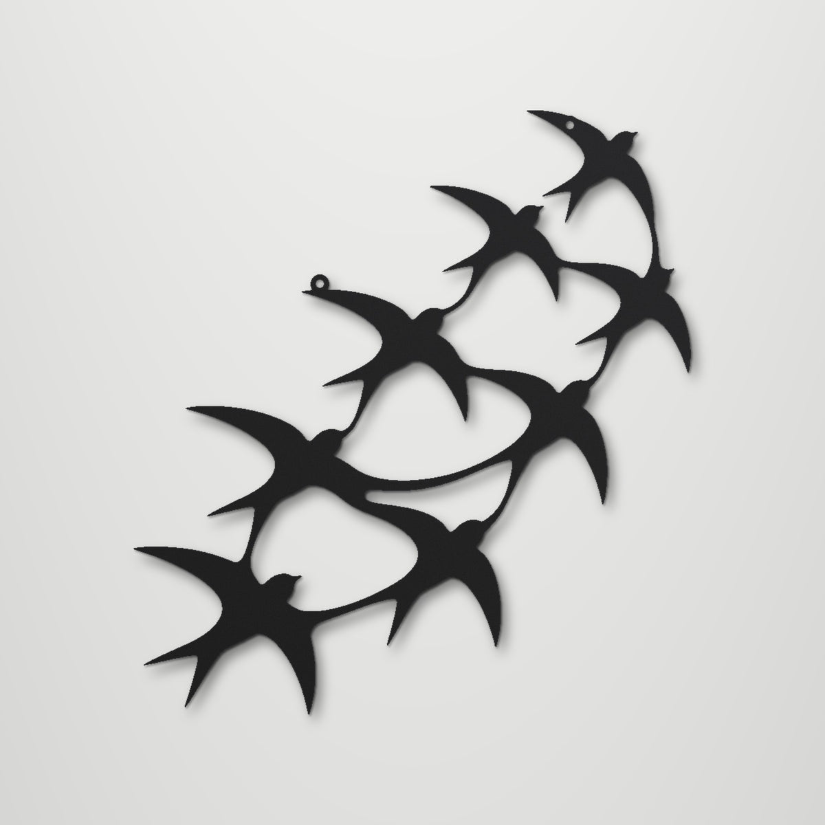 Swallows in Flight laser cut steel wall art in matte black, front view