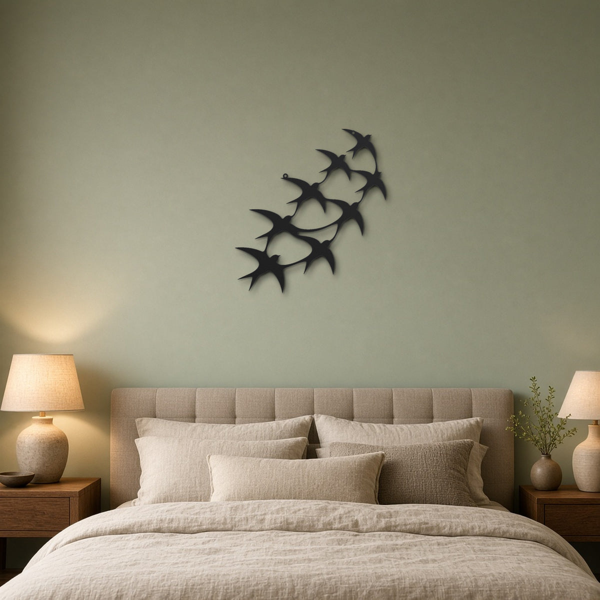 Swallows in Flight black metal wall art hanging on a bedroom wall