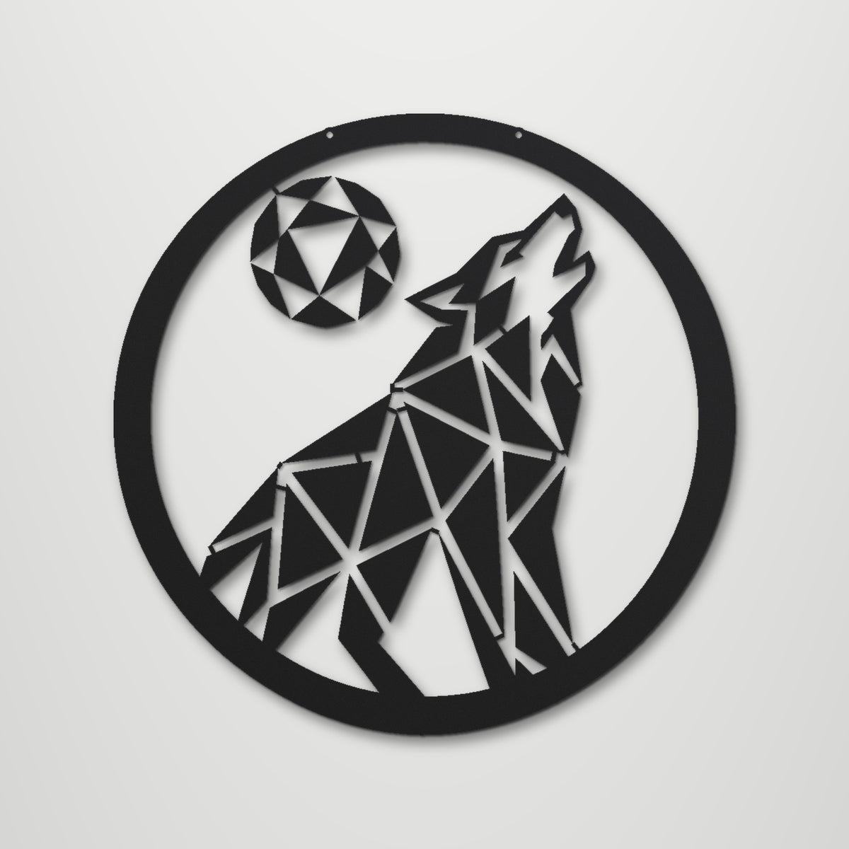 Geometric Wolf Howling laser cut steel wall art in matte black, front view