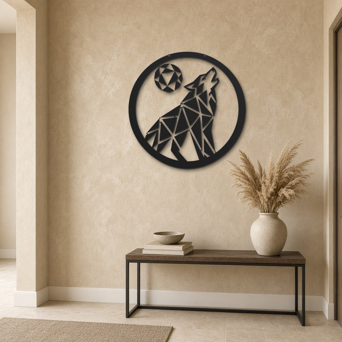 Geometric Wolf Howling black metal wall art hanging on a hallway wall