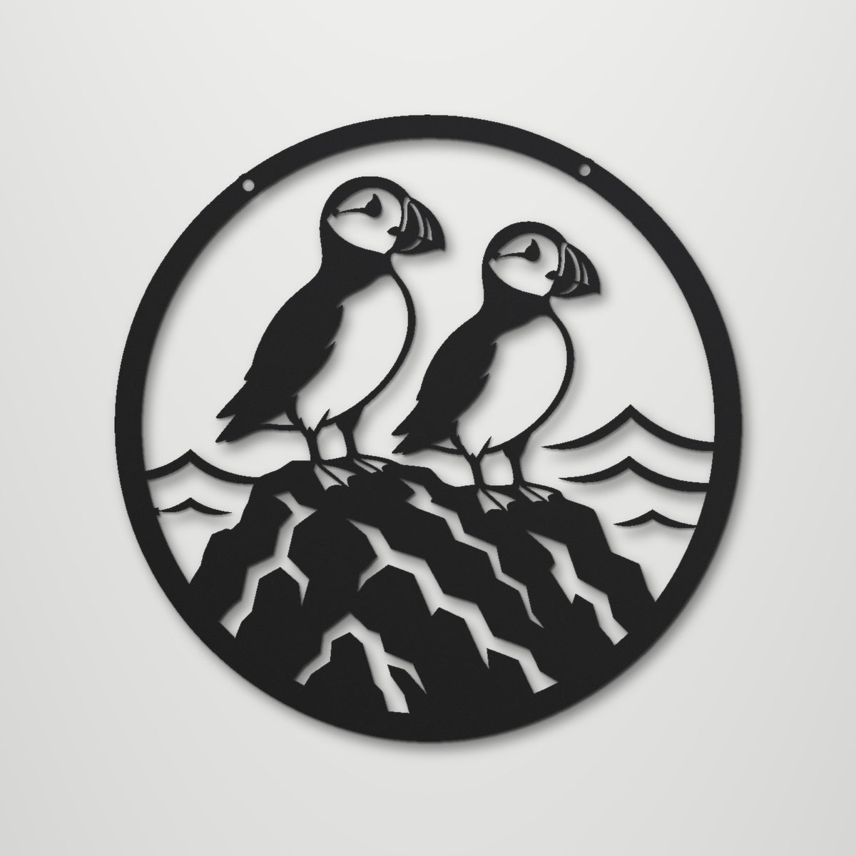 Puffin Pair laser cut steel wall art in matte black, front view