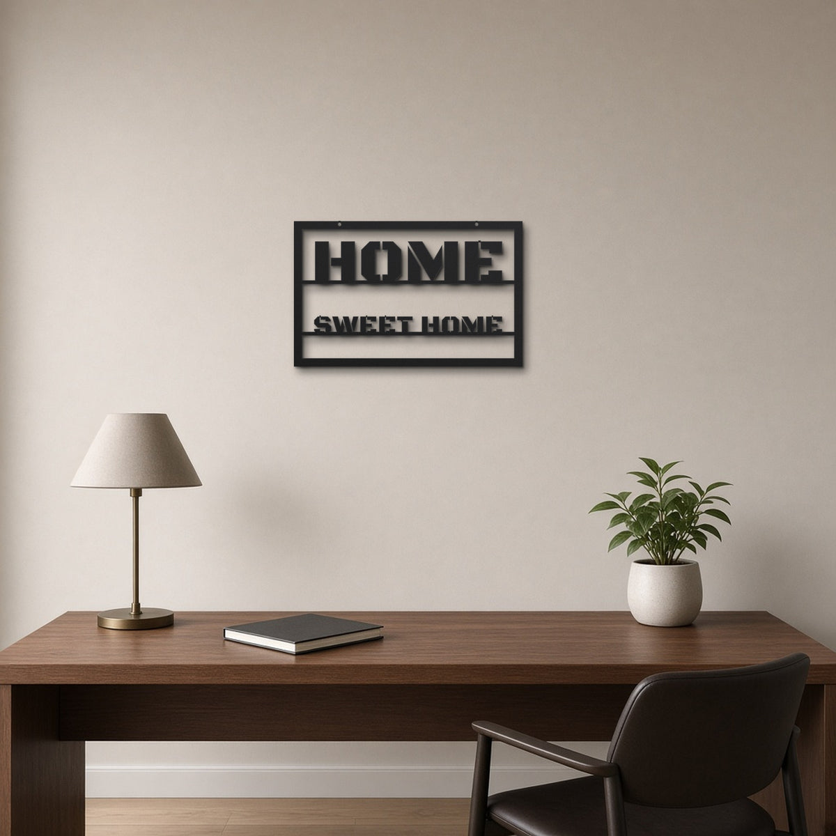 Home Sweet Home black metal wall art hanging on a home office wall