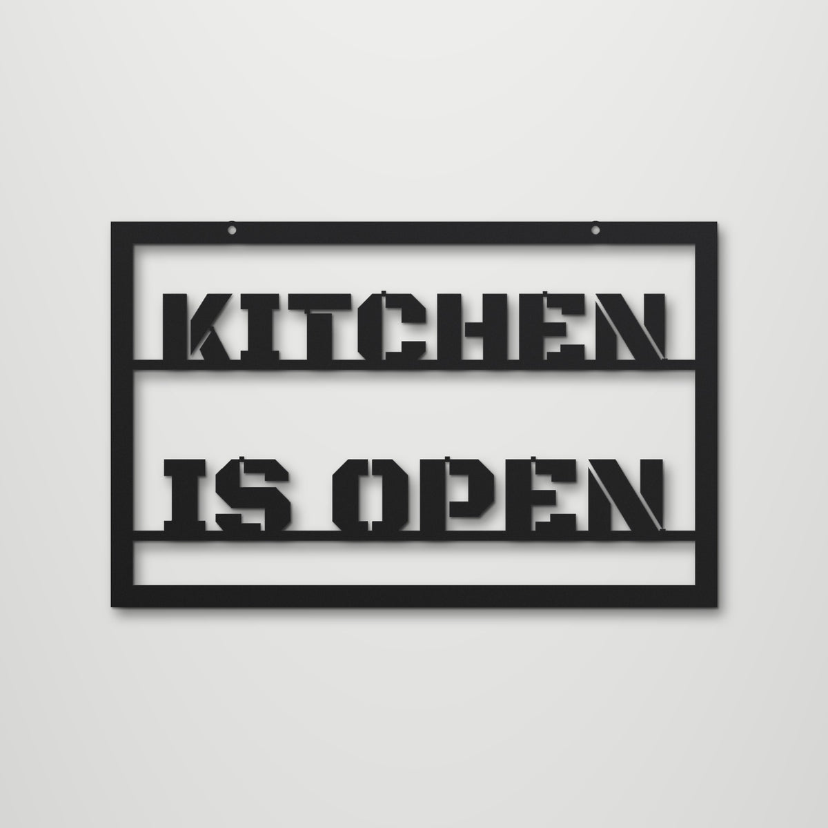 Kitchen Open laser cut steel wall art in matte black, front view