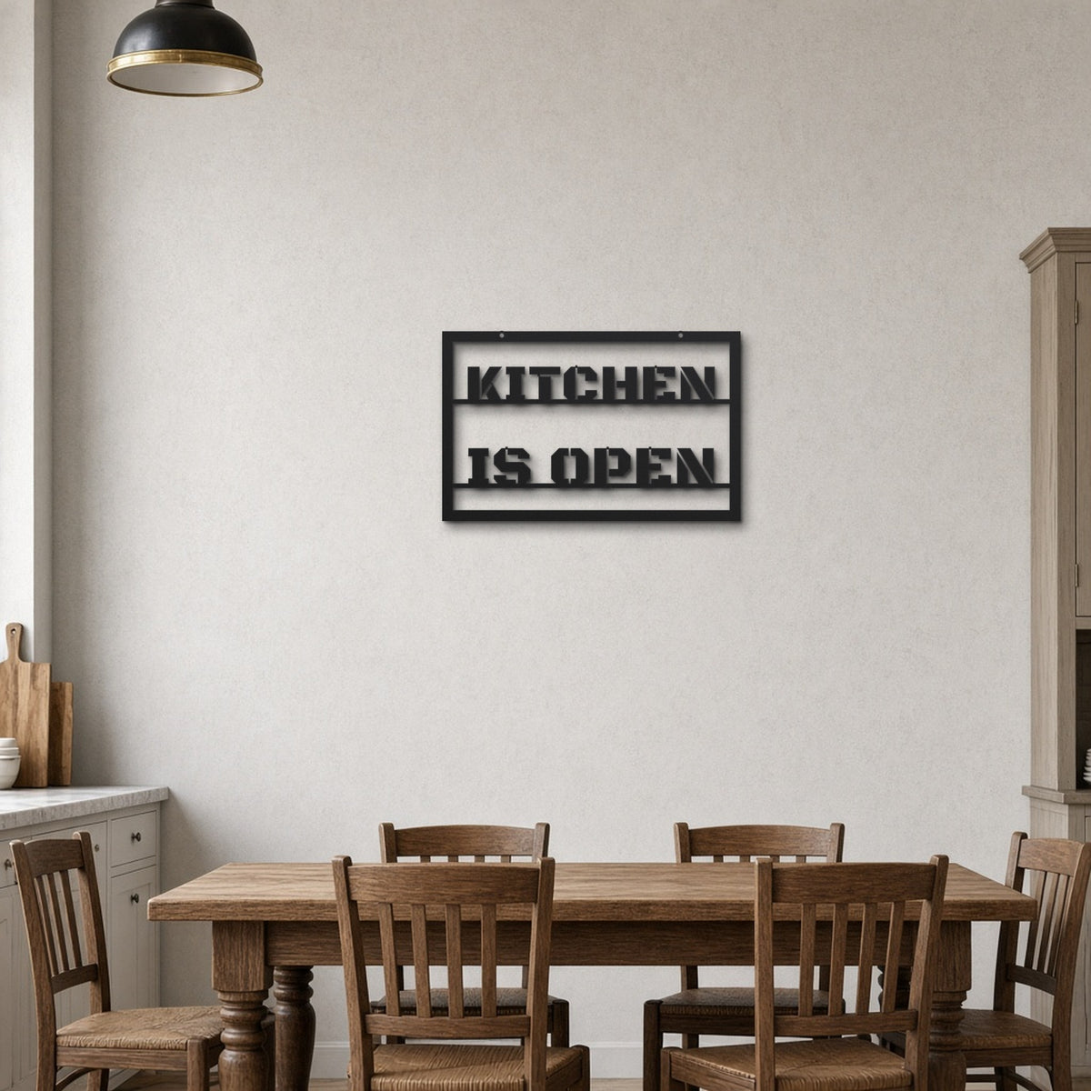 Kitchen Open black metal wall art hanging on a farmhouse kitchen wall