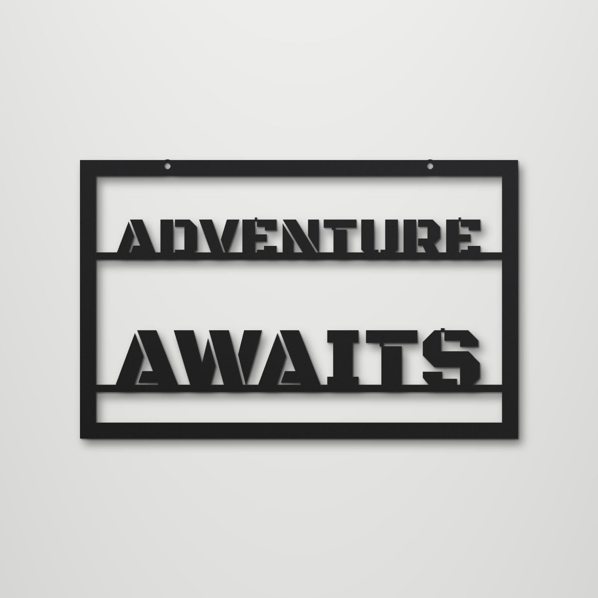 Adventure Awaits laser cut steel wall art in matte black, front view