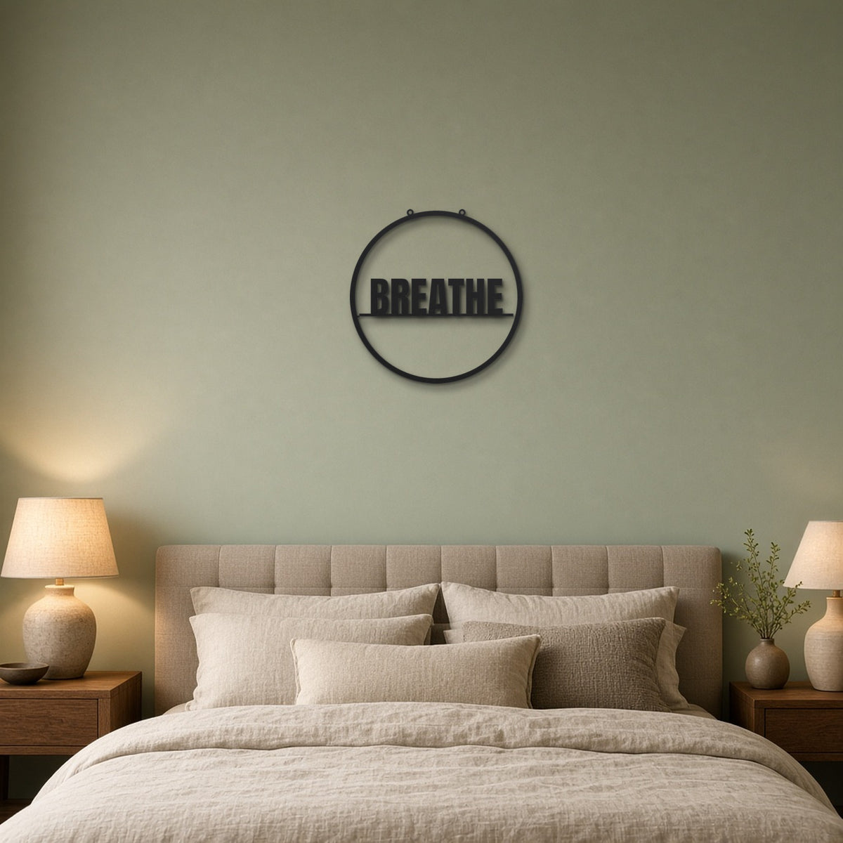 Breathe black metal wall art hanging on a bedroom wall