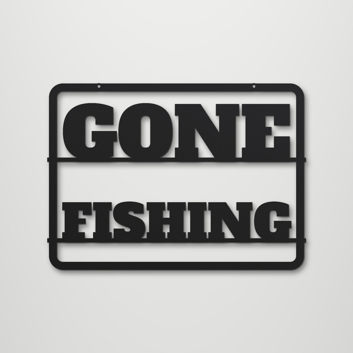 Gone Fishing laser cut steel wall art in matte black, front view