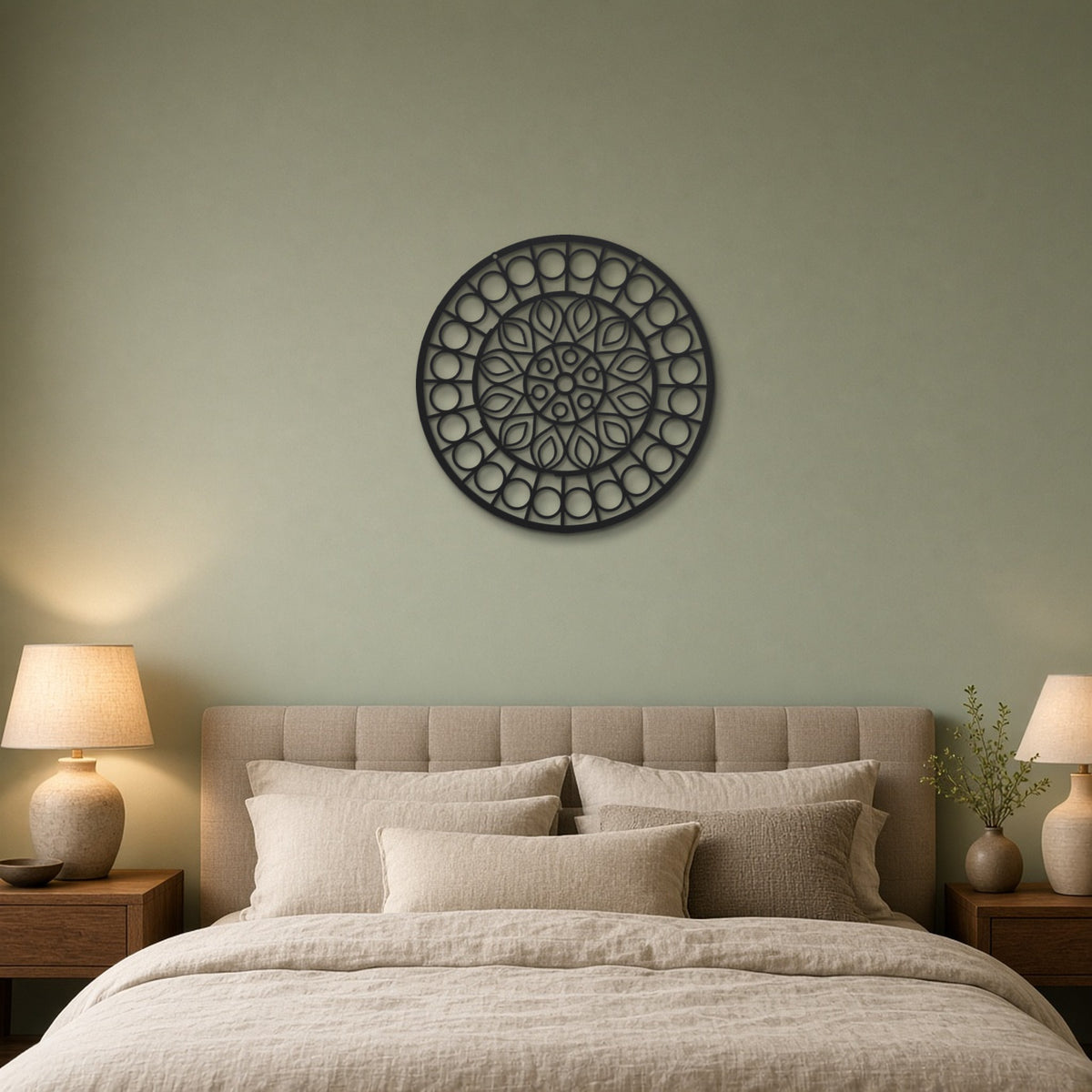 Geometric Mandala Aurora black metal wall art hanging on a bedroom wall