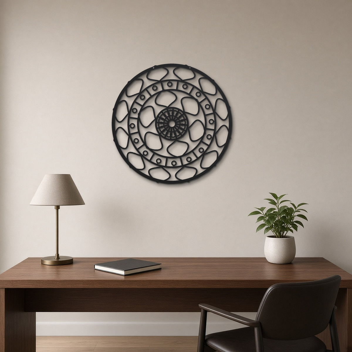 Geometric Mandala Celtic Star black metal wall art hanging on a home office wall