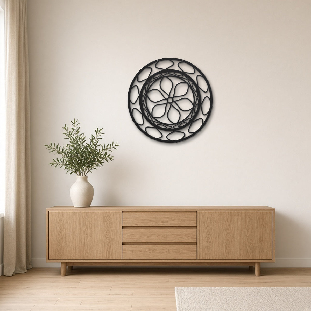 Geometric Mandala Hexagram black metal wall art hanging on a Scandinavian living room wall