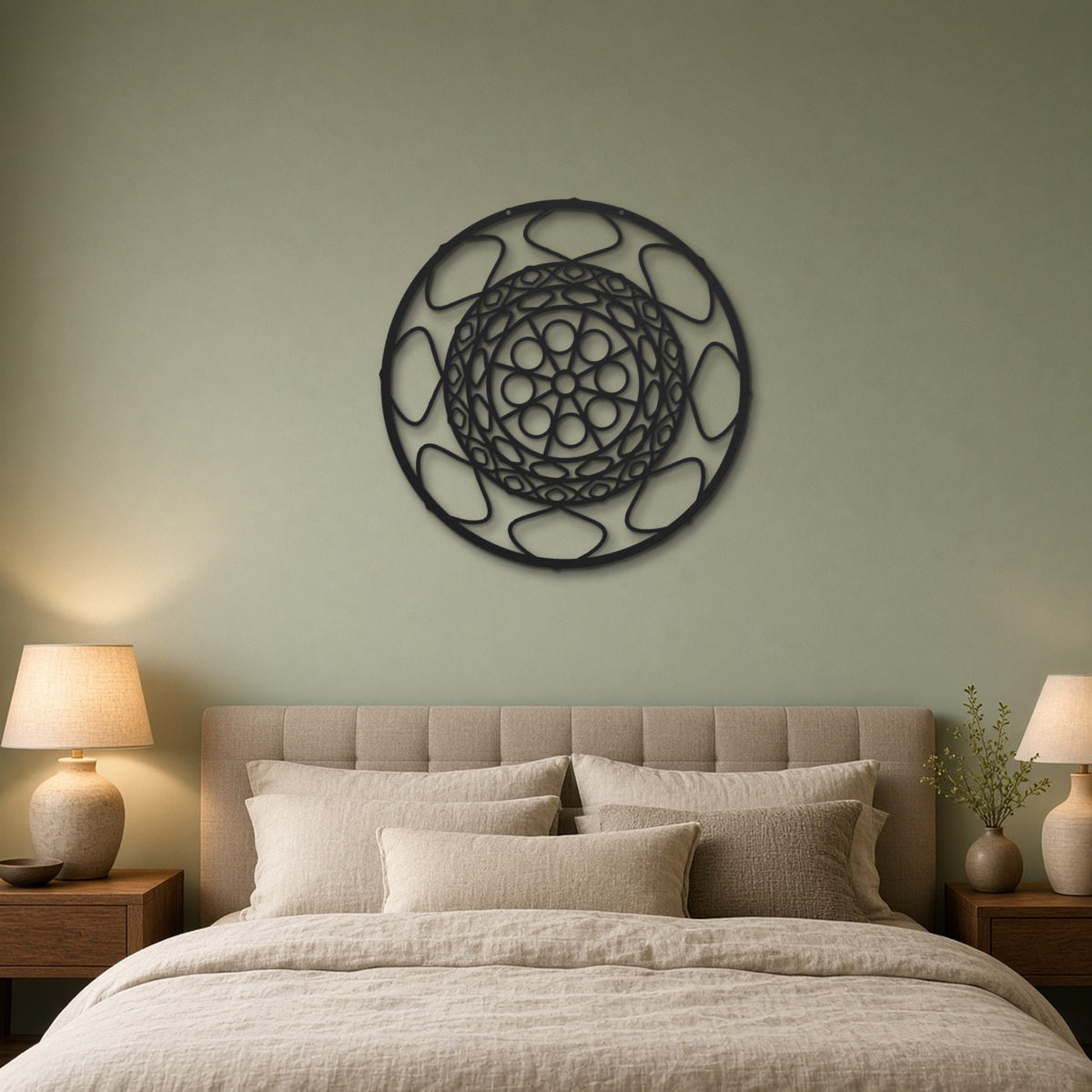 Geometric Mandala Radiant black metal wall art hanging on a bedroom wall