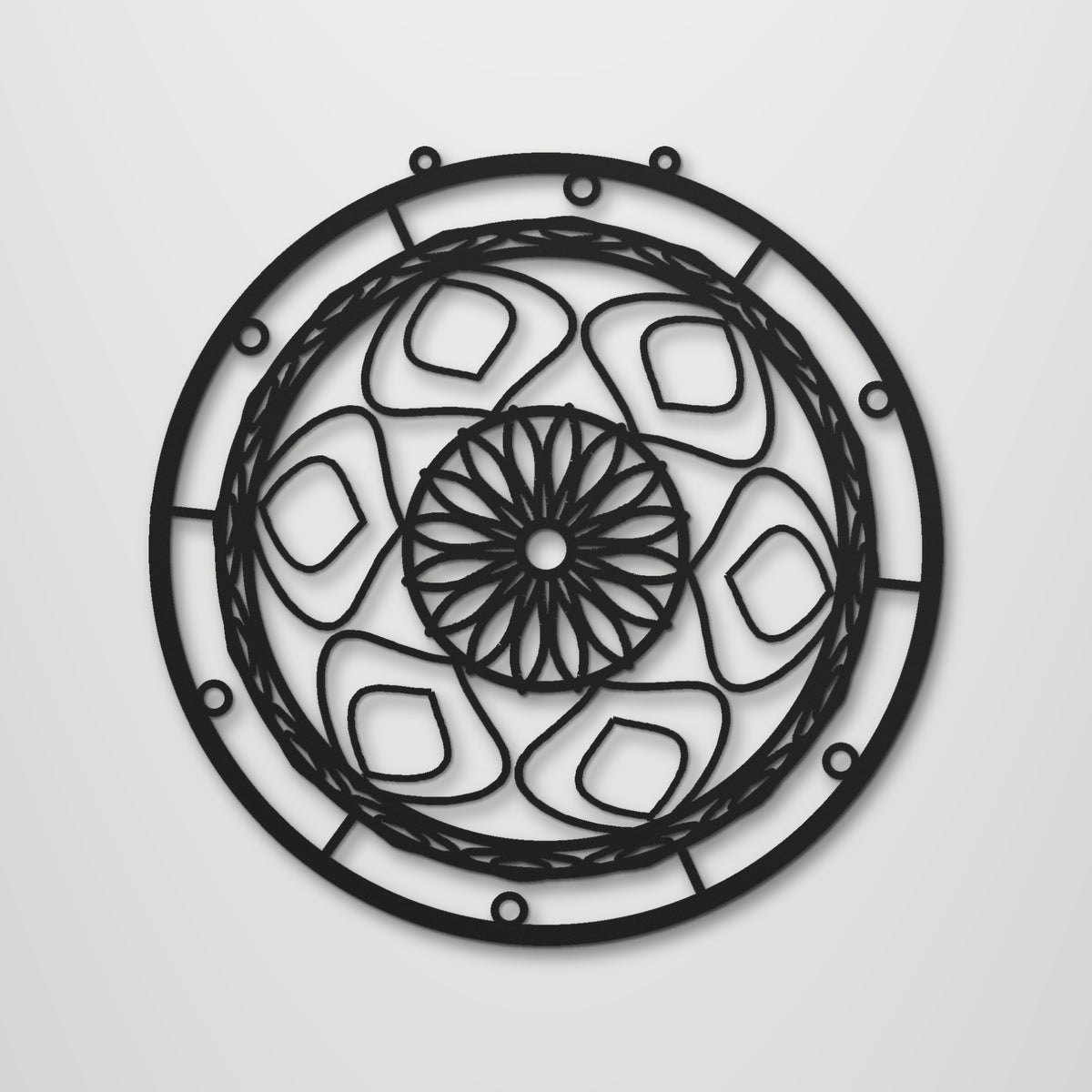 Geometric Mandala Compass Rose laser cut steel wall art in matte black, front view