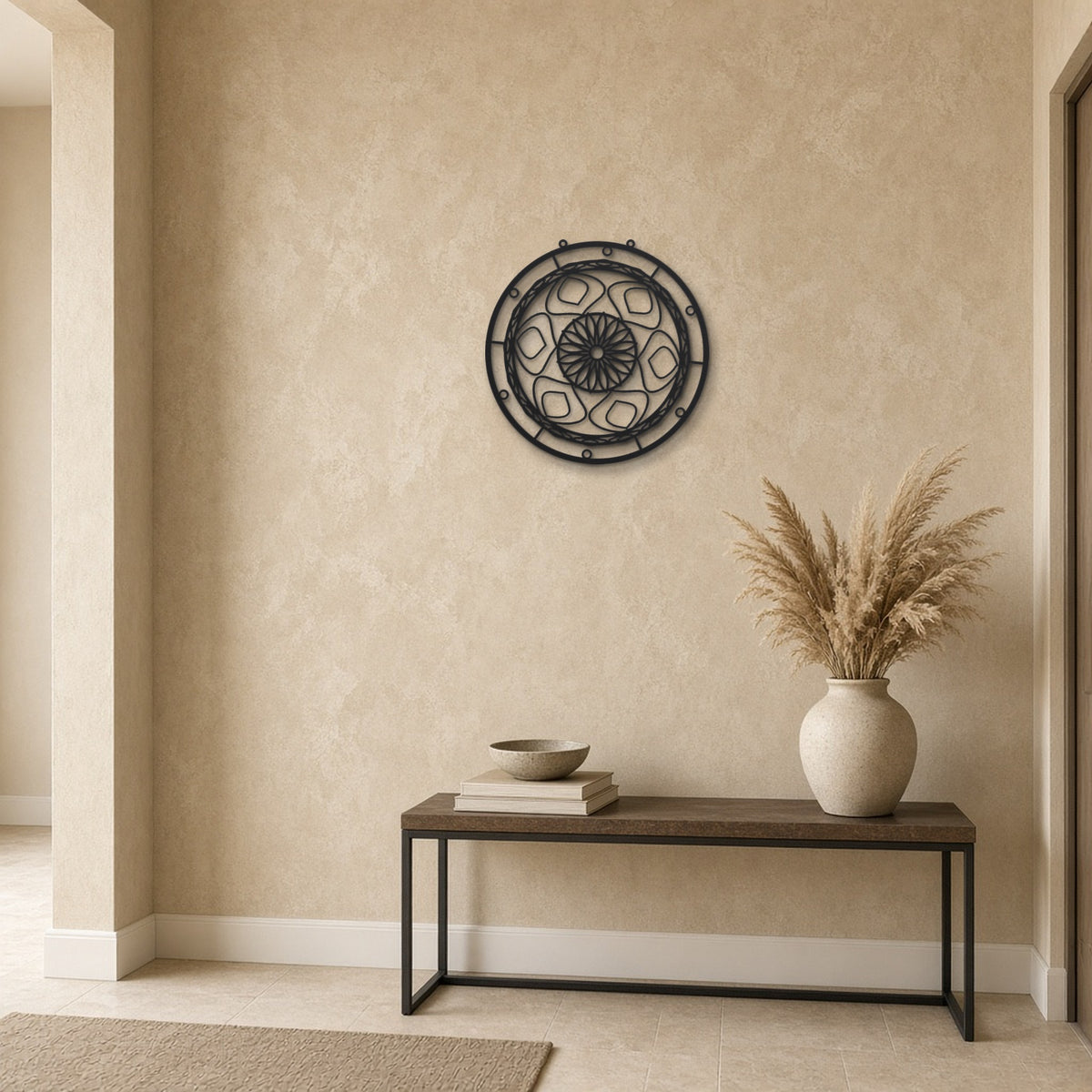 Geometric Mandala Compass Rose black metal wall art hanging on a hallway wall