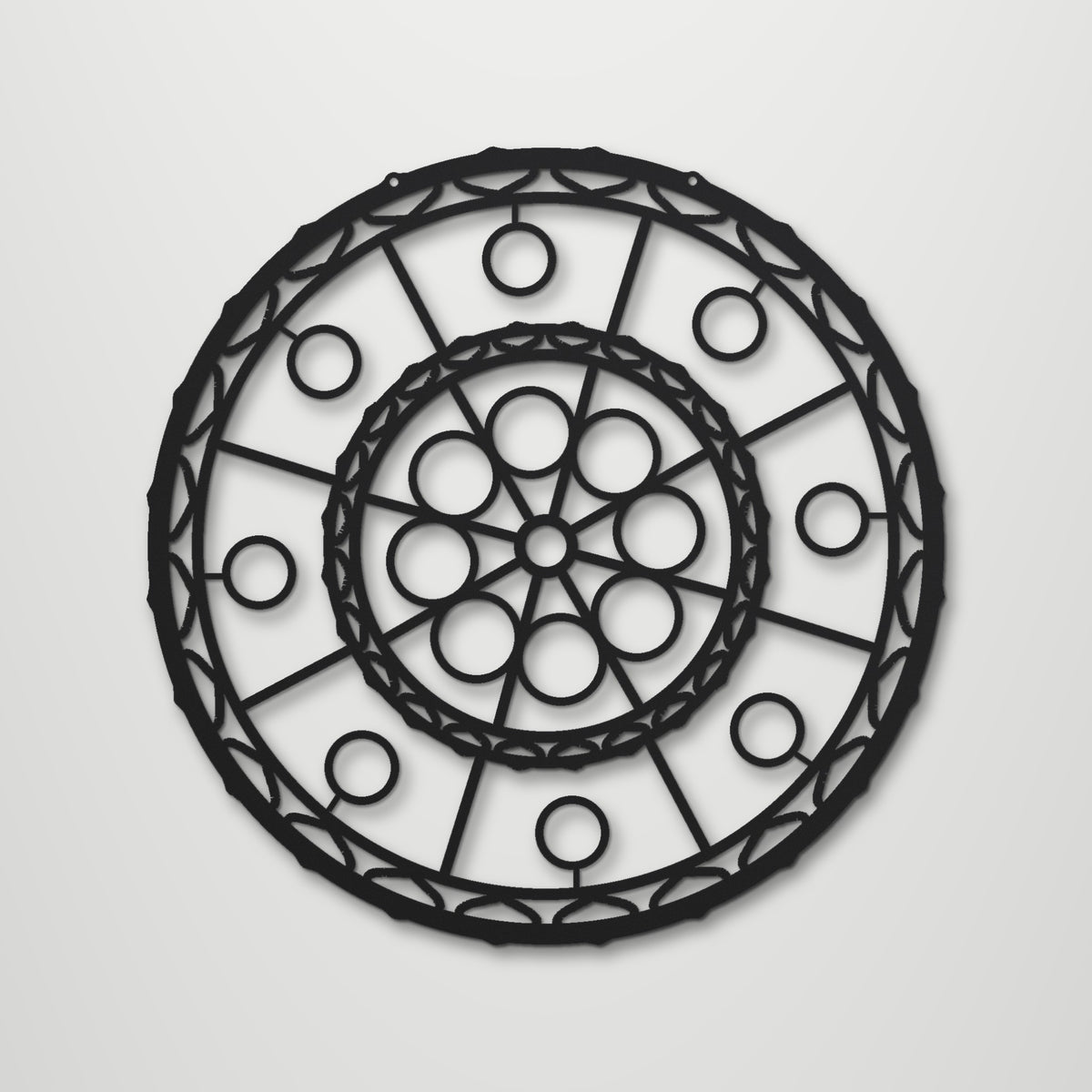 Geometric Mandala Kaleido laser cut steel wall art in matte black, front view