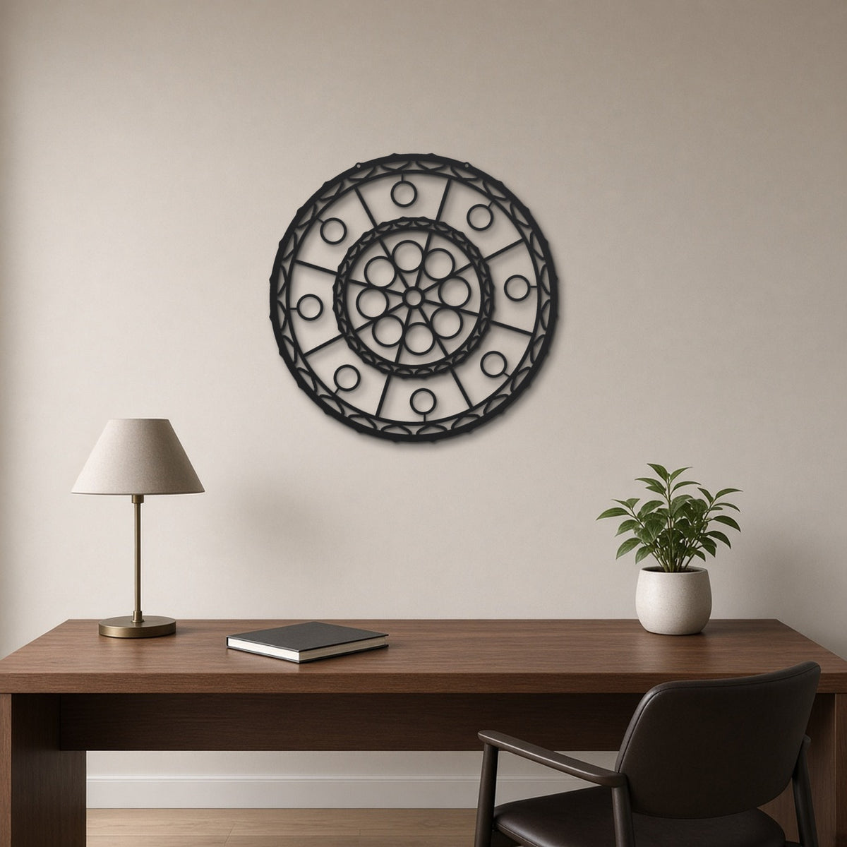 Geometric Mandala Kaleido black metal wall art hanging on a home office wall