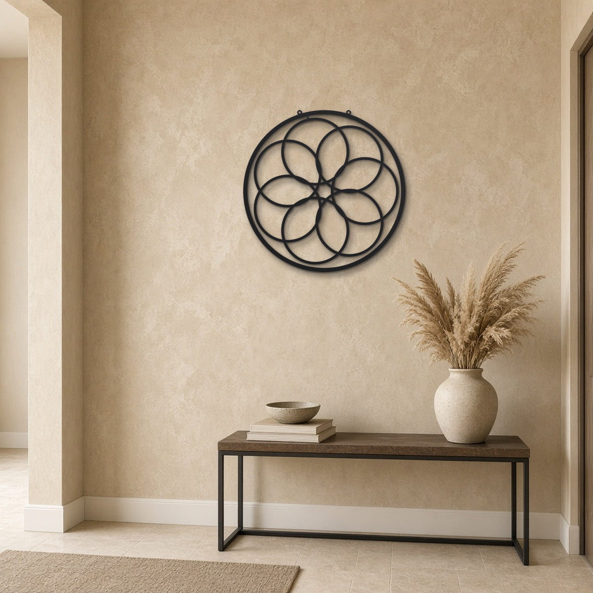 Minimal Circles black metal wall art hanging on a hallway wall