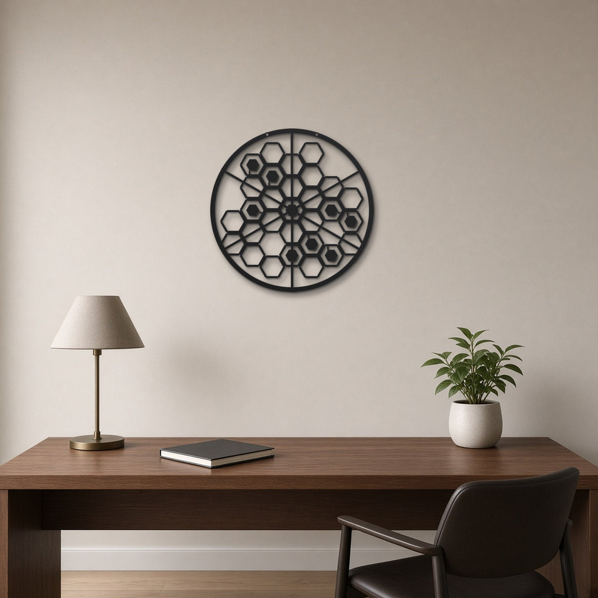 Geometric Hexagons black metal wall art hanging on a home office wall