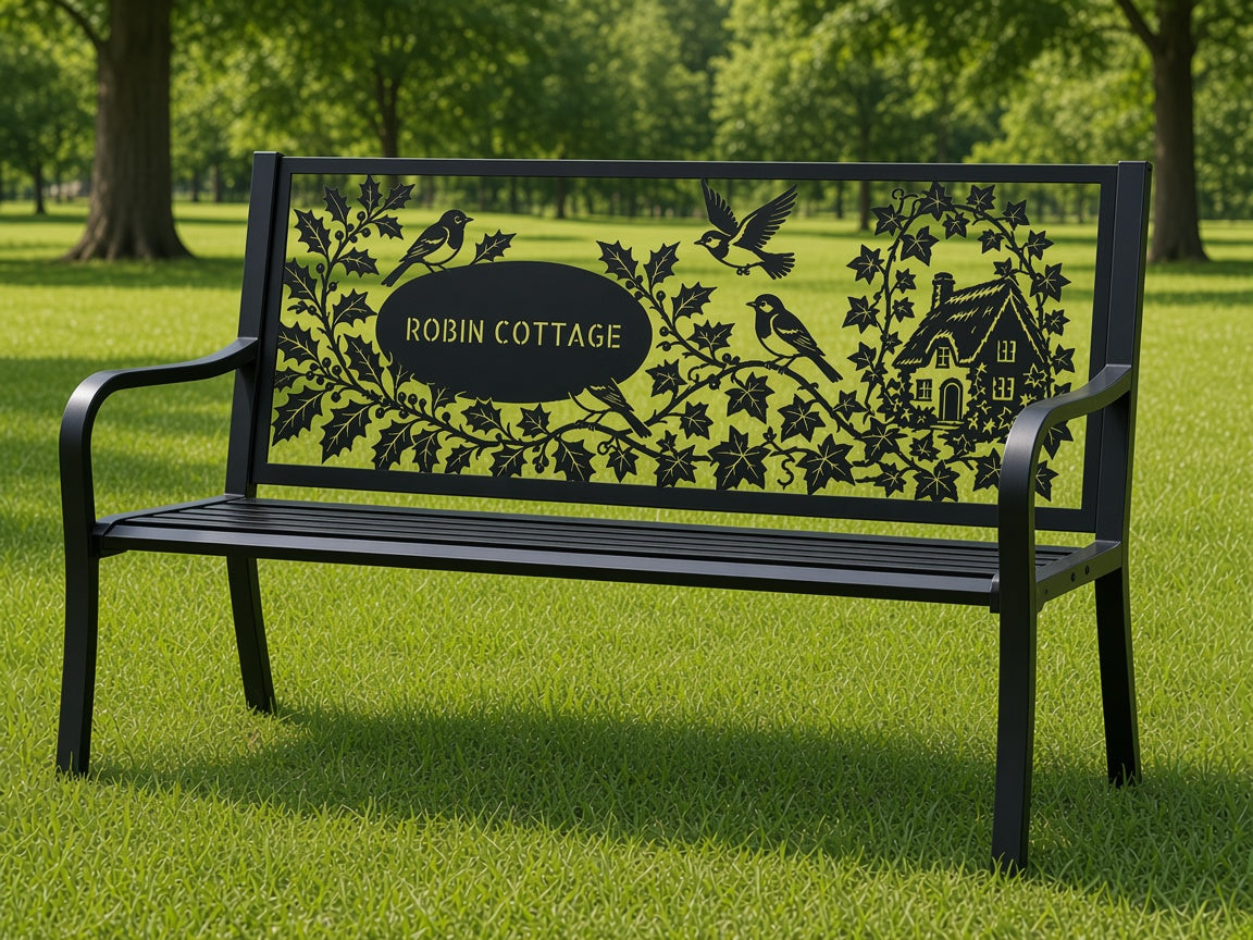 Robins on Holly Memorial Bench (Personalised) – illustrative mockup
