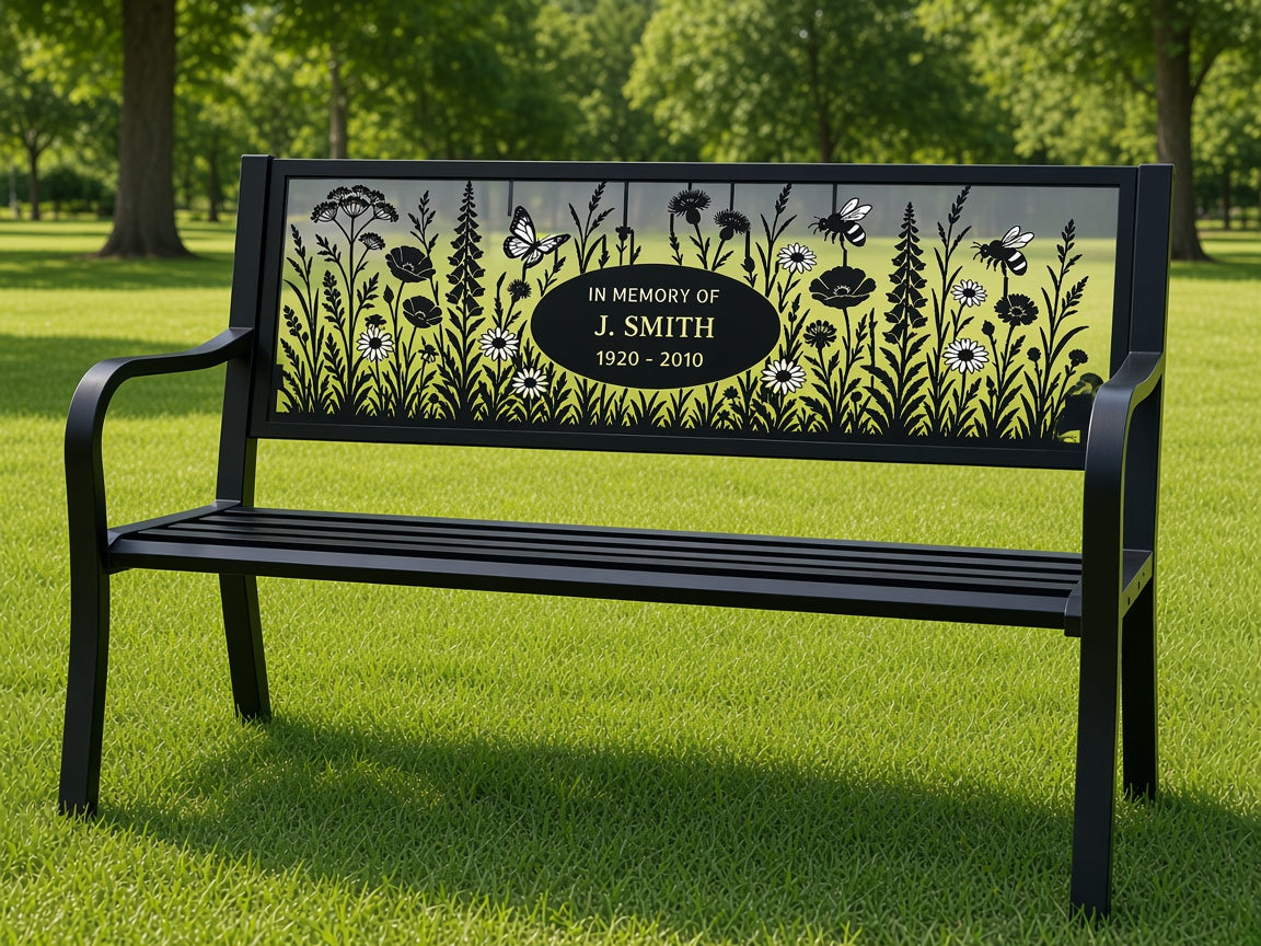 Wildflower Meadow Memorial Oval Memorial Bench (Personalised) – illustrative mockup